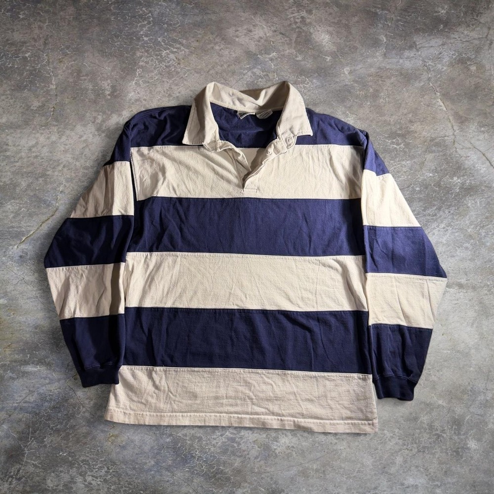 Basic Editions Mens Large Rugby Shirt Navy Blue White Striped Cotton Long Sleeve